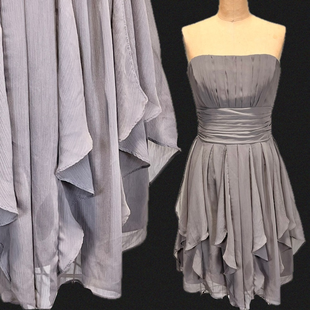 Strapless formal dress midi mini‎ asymmetrical jagged wispy hem prom
